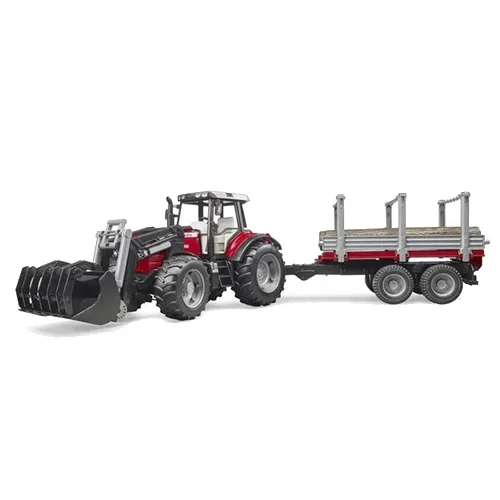 Tractor Massey Ferguson de juguete marca Bruder con remolque y troncos