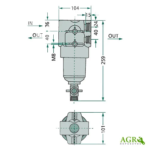 Medidas del filtro de alta presión marca ARAG para pulverizadores