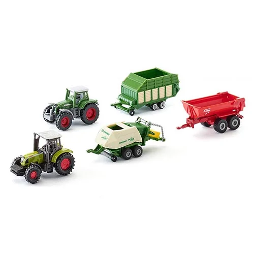 Pack de juguetes pequeños siku: dos tractores, dos remolques y una empacadora marca Krone