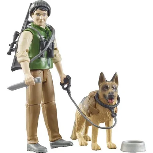 Bruder cazador con perro y accesorios (correa, bebedero, cuchillo, y prismáticos)