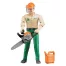 Bruder trabajador forestal, figura de juguete bruder con motosierra, casco, y lata de gasolina